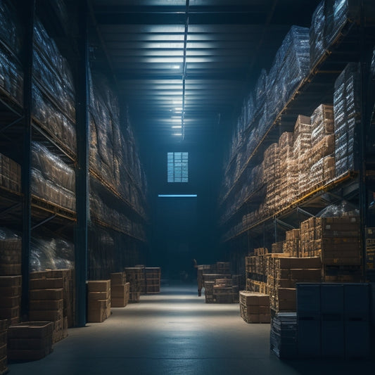 A dimly lit, expansive warehouse interior with rows of towering shelves, crates, and pallets stacked with various goods, illuminated by warm, industrial-style lighting and a few skylights above.