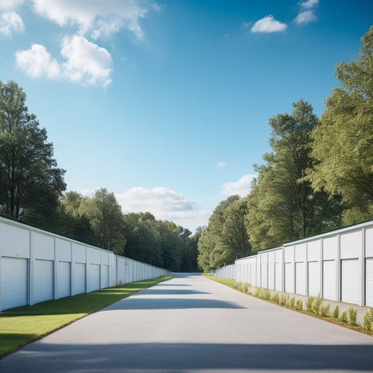 A serene, sunny landscape featuring a modern, sleek self-storage facility with rows of clean, white units, surrounded by lush greenery and a subtle, paved driveway.