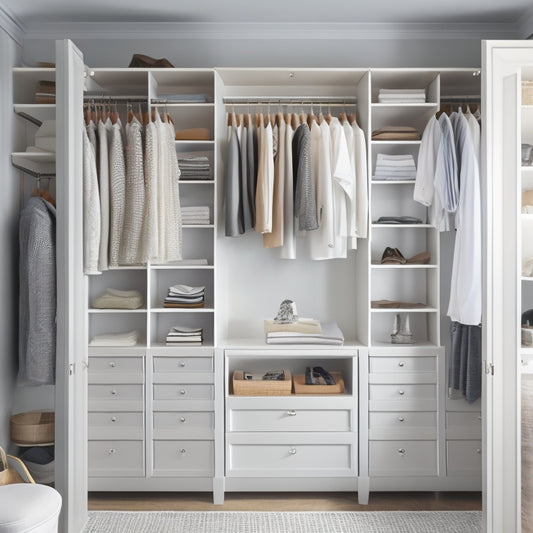 A serene, well-lit closet with creamy white shelves, soft gray walls, and polished chrome hardware, featuring neatly arranged clothing, shoes, and accessories in a harmonious, clutter-free space.