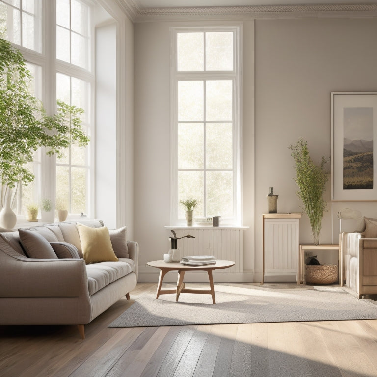 A serene, minimalist living room with cream-colored walls, a sleek wooden floor, and a few, carefully selected decorative pieces, illuminated by soft, natural light pouring in through large windows.