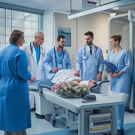 A modern hospital radiology room with state-of-the-art equipment, a Siemens Healthineers USA branded radiography machine, and a diverse group of healthcare professionals gathered around a patient on an examination table.