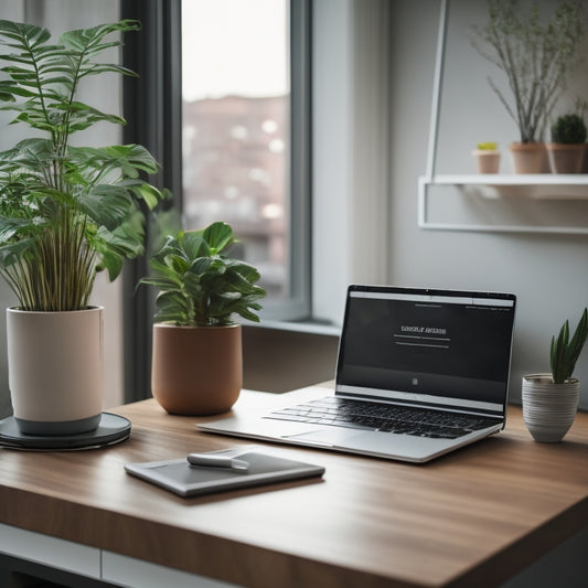 A minimalist desk with a sleek laptop, a small potted plant, and a few organized cables, surrounded by subtle, blurred background elements of a cityscape or a modern home.