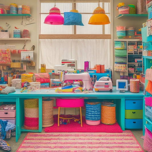 A colorful, cluttered craft room with various storage bags in different shapes, sizes, and patterns, surrounded by sewing machines, threads, and fabric scraps, with a few scissors and pins scattered around.