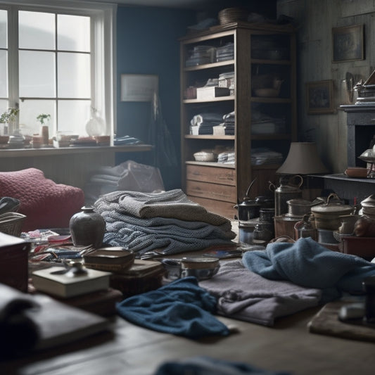 A cluttered living room with piles of clothes, books, and kitchenware scattered around, with a faint outline of a tidy, organized space in the background, shrouded in fog.