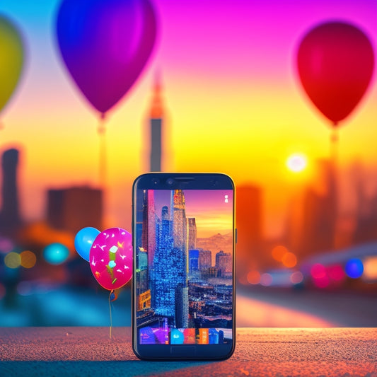 A colorful illustration of a smartphone with a thought bubble containing a printed photograph, surrounded by confetti and balloons, with a subtle background of a cityscape at sunset.