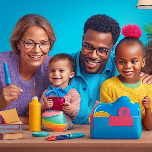 A colorful illustration of a happy family of four surrounded by school supplies, with a subtle background of a calendar and a piggy bank, conveying a sense of organization and thriftiness.