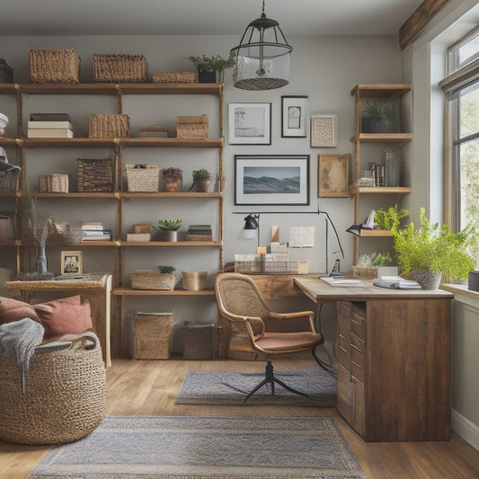 A clutter-free home office with a wooden desk and a chair, surrounded by floor-to-ceiling shelves made from reclaimed wood, with baskets, bins, and decorative containers storing office supplies.