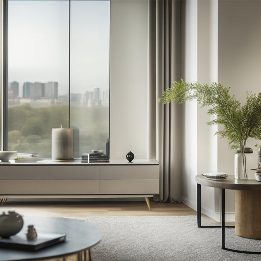 A serene, minimalist living room with a few, carefully curated objects on a console table, surrounded by empty space, with a blurred background of a cityscape through a large window.