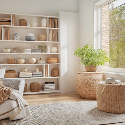 A bright, modern living room with built-in DIY shelves in a crisp white finish, holding a mix of decorative vases, books, and woven baskets, against a backdrop of natural wood flooring and a large window.