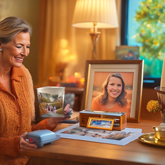 A warm and cozy living room scene with a woman smiling, holding a framed photo of her family, surrounded by scattered printed pictures, photo albums, and the Epson PictureMate PM-400 printer on a wooden table.