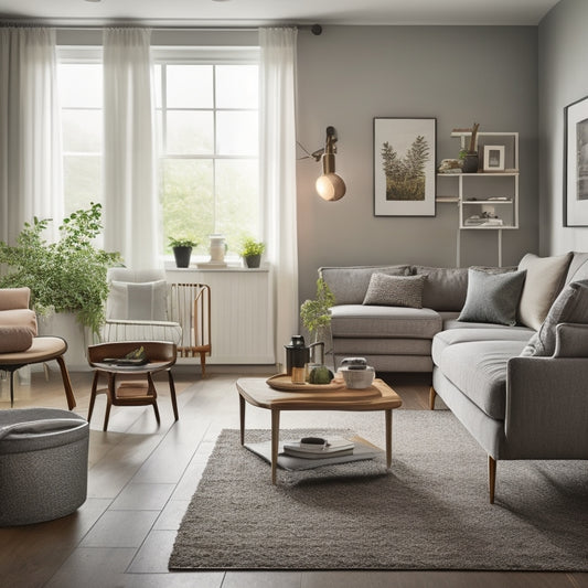 A serene, well-organized living room with a few subtle hints of cleaning tools: a vacuum in the corner, a dustpan on the coffee table, and a faint scent of fresh laundry in the air.