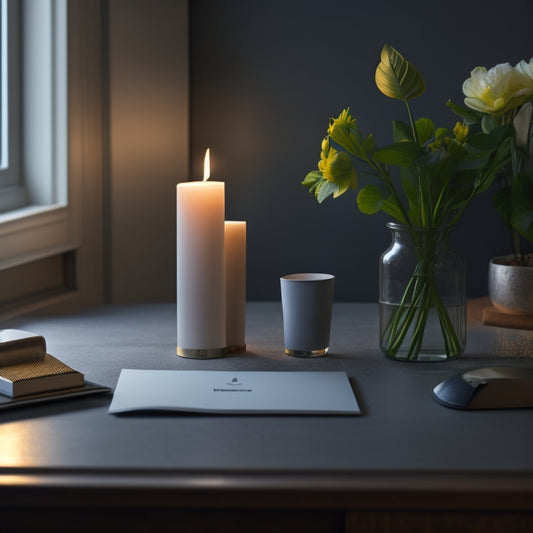 A serene, minimalist workspace with a tidy desk, a vase with fresh flowers, a few neatly labeled files, and a single, glowing candle, set against a calm, muted background.