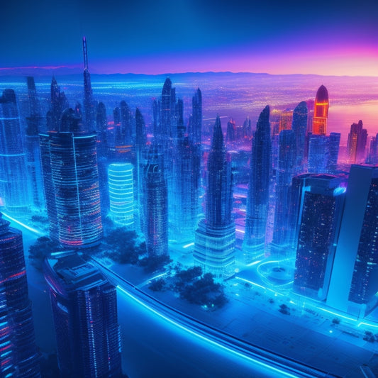 A futuristic cityscape with sleek skyscrapers, neon lights, and holographic projections, featuring a central hub with glowing blue circuits and wires, surrounded by orbiting virtual reality headsets.