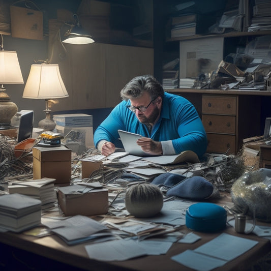 An overwhelmed person surrounded by clutter, tangled cords, and stacked devices, with a faint glow of a laptop or tablet in the background, amidst piles of papers, dusty decorations, and forgotten trinkets.