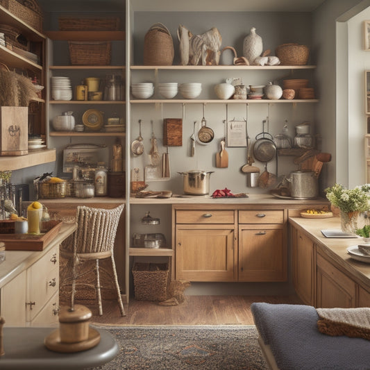 An organized home interior with a few strategically placed "clutter hotspots" such as a messy closet, overflowing bookshelf, and a cluttered kitchen counter, amidst an otherwise tidy background.