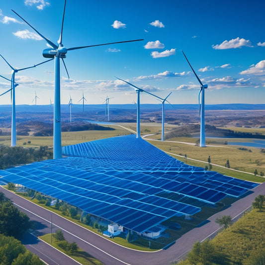A stylized illustration of the United States with a subtle grid pattern, featuring glowing blue lines and nodes symbolizing a clean energy network, amidst a backdrop of sunny skies and wind turbines.