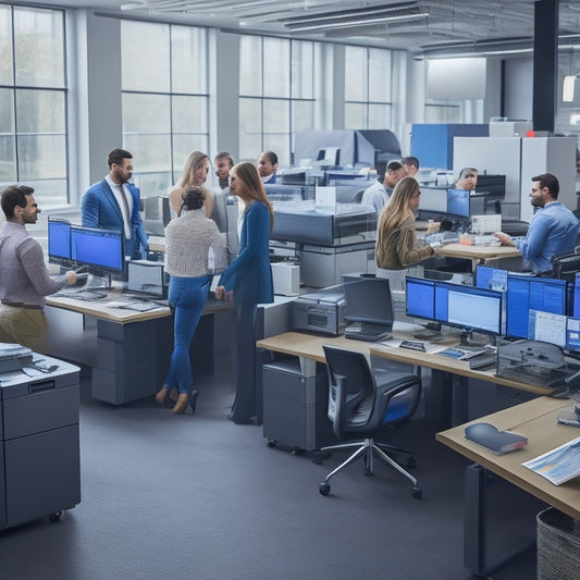 A bustling office with multiple printers and devices, including a large-format printer, a 3D printer, and a high-volume production printer, surrounded by rolls of paper, ink cartridges, and busy coworkers.