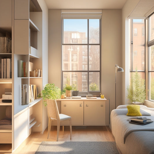 A clutter-free, minimalist studio apartment with a Murphy bed, foldable desk, and vertical storage shelves, illuminated by natural light pouring through a large window.