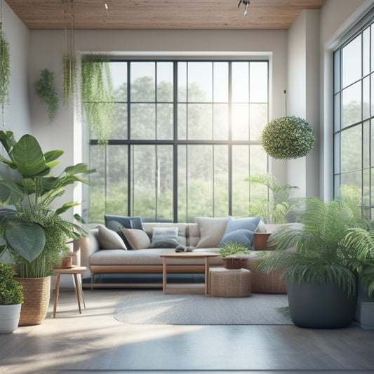 An illustration of a serene, eco-friendly home interior with a minimalist aesthetic, featuring repurposed storage containers, lush greenery, and natural light pouring in through large windows.