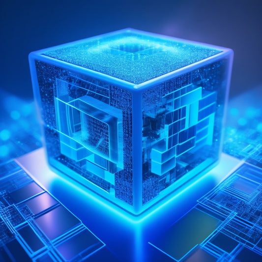 A futuristic, high-tech illustration featuring a large, glowing 3D cube with swirling blue and white lines, surrounded by smaller, orbiting cubes and abstract network connections.