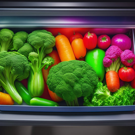 A vibrant, half-filled crisper drawer with assorted colorful vegetables, including a bunch of fresh parsley, a few carrots with green tops, and a partially peeled onion, surrounded by misty condensation.