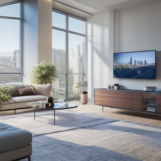 A modern, minimalist living room with a large, touch-sensitive screen displaying a 3D floor plan, surrounded by scattered furniture and decor items, with a cityscape visible through the window.