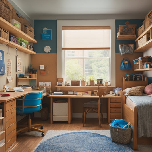 A tidy dorm room with a lofted bed, underneath which is a compact shelving unit holding neatly stacked bins and baskets, surrounded by a few strategically placed hooks and a small, organized desk.