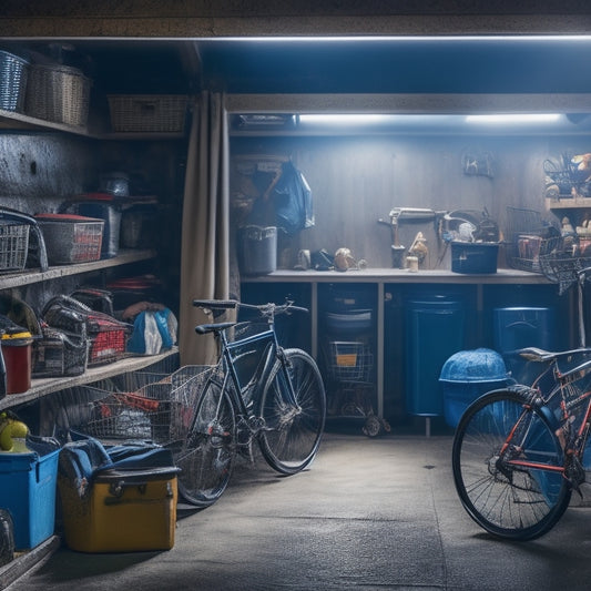 A dimly lit, cluttered garage with bicycles, tools, and storage bins scattered chaotically, with a few boxes and seasonal decorations spilling out of overflowing shelves, amidst a messy, oil-stained floor.