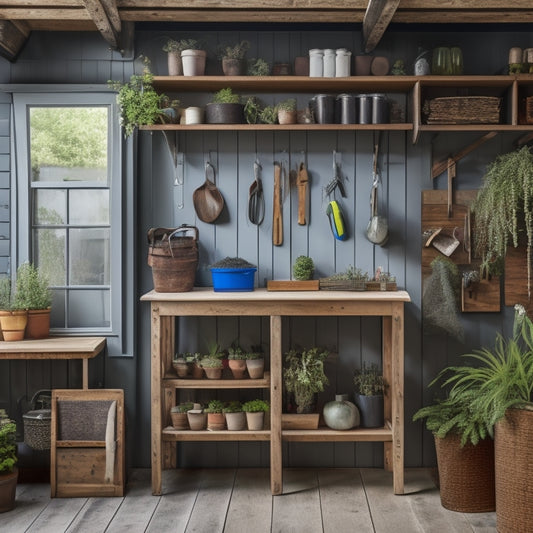 A tidy, well-lit small shed interior with a pegboard on the back wall, hooks holding gardening tools, and labeled bins on shelves, surrounded by a few potted plants and a small workbench.
