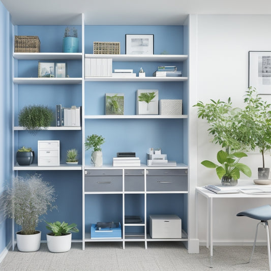A tidy, modern office with a sleek, silver metal shelving unit against a crisp white wall, holding neatly organized, color-coded file folders and rolled blueprints, with a few pens and a small plant nearby.