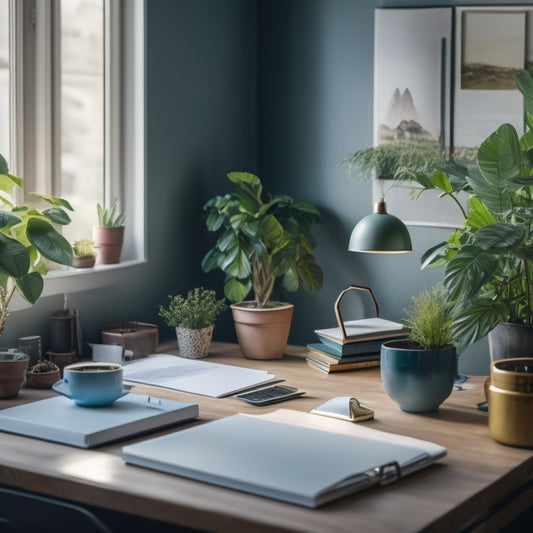 A serene, organized workspace with a tidy desk, a single laptop, a small potted plant, and a few neatly labeled folders, surrounded by calming colors and soft, natural lighting.