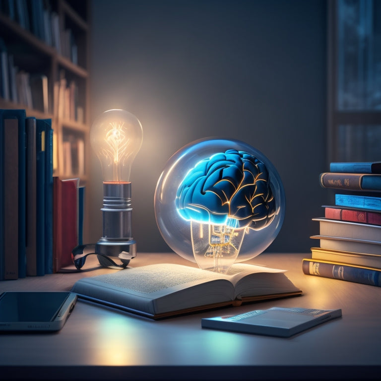A minimalist illustration featuring a stylized brain with glowing light bulbs and sparks surrounding it, surrounded by various learning resources like books, laptops, and globes.