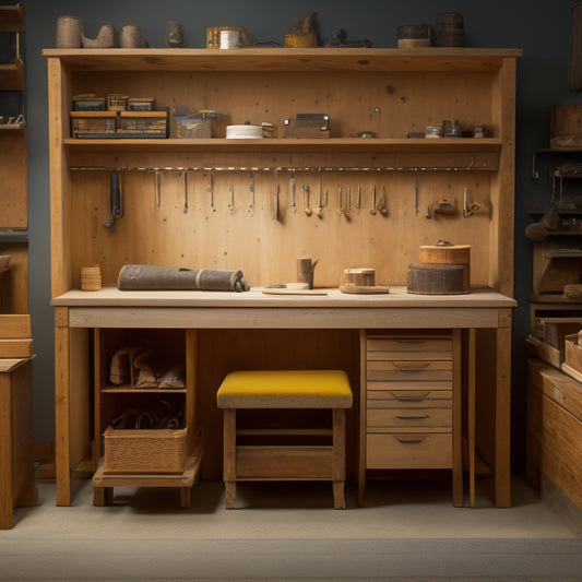 A neatly organized workshop bench with a custom-built wooden cabinet featuring pull-out drawers, each containing rolls of sandpaper in varying grits, arranged in ascending order on a pegboard background.