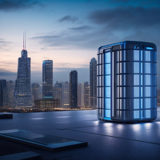 A futuristic, sleek, and silver portable storage unit with glowing blue accents, set against a blurred cityscape background, with several smaller units in the foreground, stacked and interconnected.