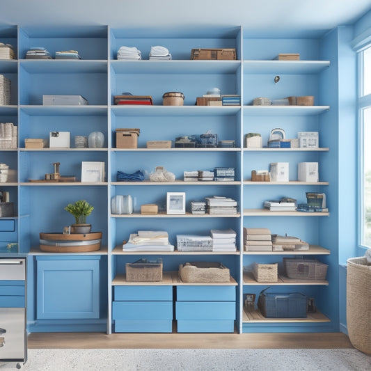 A clutter-free, well-organized storage room with rows of sleek, wall-mounted shelves holding rolled-up blueprints, labeled and color-coded, surrounded by minimalist decor and ample natural light.