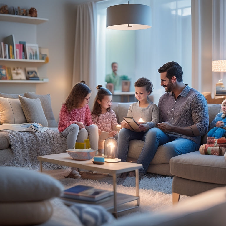 A serene, modern living room with a family of four gathered around a tablet, surrounded by organized toys and books, with a calm and peaceful atmosphere, warm lighting, and a subtle tech-inspired background.