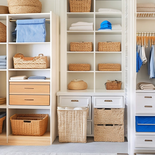 A bright, airy closet with white shelves and drawers, featuring a mix of hanging rods, stackable bins, and woven baskets, with neatly folded clothes and accessories organized by type and color.