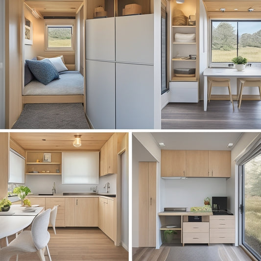 A minimalist, modern tiny home interior with a Murphy bed, wall-mounted foldable table, and a compact kitchen with a retractable clothesline and storage ottomans.