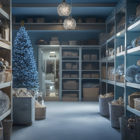 A serene, well-lit storage room with labeled bins, stacked neatly on shelves, filled with ornaments, garlands, and lights, amidst a calming winter wonderland background with snowflakes gently falling.