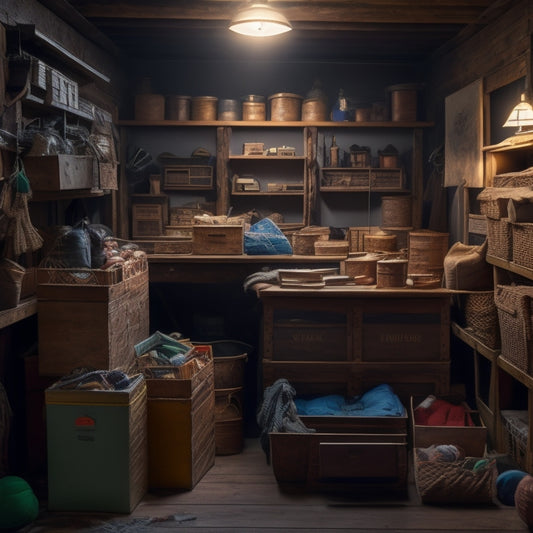A dimly lit, cluttered attic with old trunks, dusty boxes, and tangled wires, transformed into a bright, organized space with labeled bins, a sleek shelving unit, and a few carefully selected sentimental items on display.
