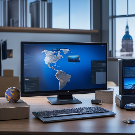 A sleek, modern desktop with a UPS WorldShip interface open on the screen, surrounded by neatly arranged shipping boxes, a globe, and a clock, set against a calming blue-gray background.