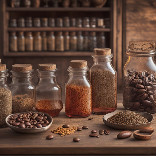 A still life of 5-7 glass jars of varying sizes, shapes, and translucencies, filled with an assortment of items like coffee beans, spices, buttons, and flowers, arranged artfully on a rustic wooden table.