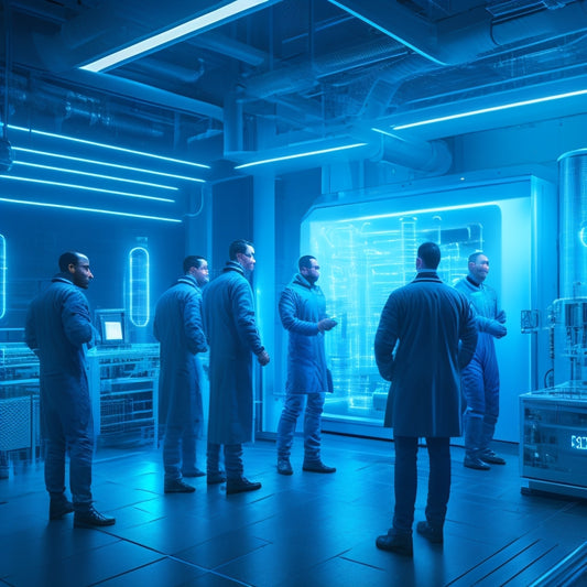 An illustration of a futuristic laboratory with sleek, silver machinery, glowing blue circuits, and a group of diverse engineers in futuristic attire, surrounded by holographic projections of heating systems.