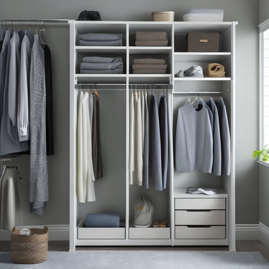 A closet interior with light-gray walls, a compact shelving unit, and a hanging rod with a few garments, showcasing a tidy and functional small space organization system.