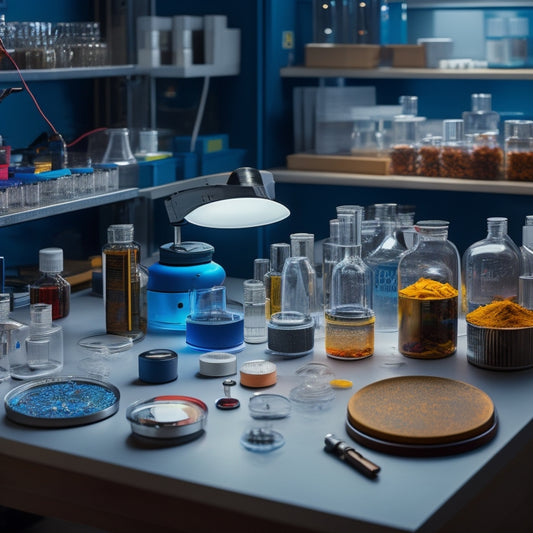 A laboratory workspace with a microscope, petri dishes, and various scientific equipment, featuring a prominent container with a secure snap-on lid, filled with colorful specimen samples.