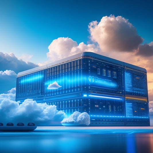 A stylized, futuristic illustration of a cloud gateway, with glowing blue circuits and sleek silver lines, seamlessly integrating a miniature data center and a fluffy white cloud, surrounded by orbiting storage devices.