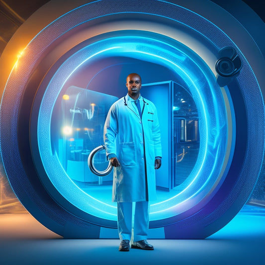A stylized illustration of a healthcare professional standing in front of a large, glowing portal with a subtle Medicare logo, surrounded by swirling medical records and stethoscopes.