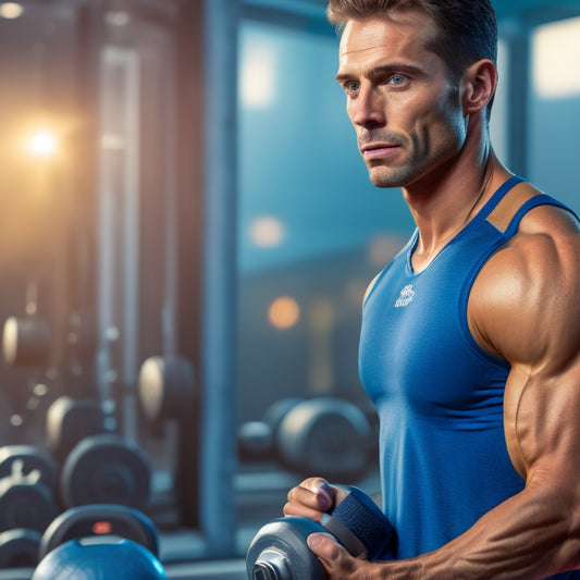 A fit individual in their mid-30s, with a determined expression, stands in front of a mirror, surrounded by dumbbells, kettlebells, and resistance bands, with a subtle cityscape blurred in the background.
