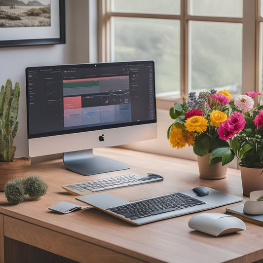 A modern, clutter-free desk with a laptop displaying a colorful, organized Notion dashboard featuring various widgets, icons, and customizable sections, surrounded by neatly arranged sticky notes and a single, blooming plant.