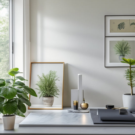 A minimalist, modern living room with a tidy desk, a sleek tablet displaying a digital calendar, and a few organized folders on a shelf, surrounded by calm, natural elements like plants and a vase.